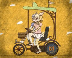  2girls animal_ears black_eyes blonde_hair bow bowtie closed_mouth commentary_request common_raccoon_(kemono_friends) crack egyptian_art extra_ears fennec_(kemono_friends) flag fox_ears fox_tail from_side grey_hair highres japari_symbol kemono_friends kita_(7kita) multiple_girls mural pedal profile raccoon_ears riding short_hair skirt tail white_skirt 