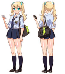  alternate_color aqua_eyes bag bag_charm blonde_hair breasts cellphone charm_(object) commentary_request crest female handbag highres iphone loafers loose_necktie multiple_views necktie original phone photoshop_(medium) pleated_skirt red-p reference_sheet scrunchie shoes skirt sleeves_rolled_up small_breasts smartphone smile socks 