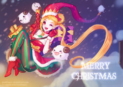  alternate_hair_color ambitious_elf_jinx blonde_hair christmas christmas_tree female gloves high_heel_boots hoker jenny_kung jinx_(league_of_legends) league_of_legends lipstick long_hair pointy_ears santa_hat skirt thighhighs wink 