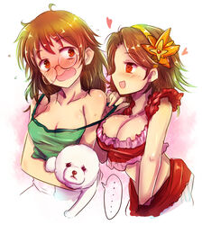  2girls :d ahoge akky_(idolmaster) araki_hina blush breasts brown_hair canine cleavage commentary_request crooked_eyewear flower flying_sweatdrops glasses hair_flower hair_ornament heart heart-shaped_pupils idolmaster idolmaster_cinderella_girls kara_(color) large_breasts messy_hair multiple_girls ohta_yuu open_mouth red_eyes smile strap_slip symbol-shaped_pupils wavy_mouth yuri 