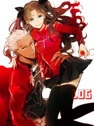  1boy archer_(fate) bad_id bad_pixiv_id blue_eyes brown_eyes brown_hair dark-skinned_male dark_skin fate/stay_night fate_(series) female hair_ribbon jewelry long_hair necklace rata_to ribbon tohsaka_rin two_side_up white_hair 