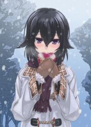  black_hair blush box brown_mittens closed_mouth coat commentary_request female gift hair_between_eyes hair_flaps heart-shaped_box holding holding_gift konohana_enishi long_sleeves looking_at_viewer medium_hair mittens original outdoors purple_eyes scarf sengoku_aky smile snow solo upper_body valentine winter winter_clothes 