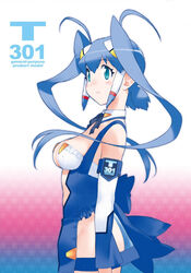  antenna_hair aoba_anoa aqua_eyes bare_shoulders black_bow black_bowtie blue_hair blue_leotard blush bow bowtie breasts center_opening cleavage clothing_cutout cowboy_shot detached_collar detached_sleeves female frills gradient_background highres leotard long_hair navel_cutout official_art otomedius pelvic_curtain photoshop_(medium) revealing_clothes see-through see-through_skirt sidelocks skirt smile solo starry_background yoshizaki_mine 