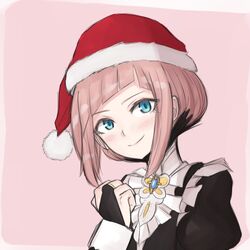  blue_eyes cryopon european_clothes felicia_(fire_emblem_if) female fire_emblem fire_emblem_if gloves hat highres maid pink_background pink_hair santa_hat simple_background solo solo_focus 