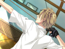  1boy aiming archery arrow_(projectile) black_gloves bow_(weapon) drawing_bow from_behind game_cg gloves holding holding_arrow holding_bow_(weapon) holding_weapon indoors kazuaki male_focus miyaji_ryunosuke outstretched_arm partially_fingerless_gloves photoshop_(medium) shirt short_sleeves solo starry_sky_(game) weapon white_shirt 