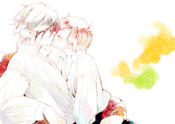  2boys artra_ttt blush jomy_marquis_shin kissing lolicon male male_focus multiple_boys simple_background soldier_blue toward_the_terra yaoi 