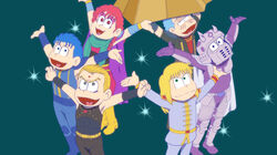  5boys armor arms_up belt blonde_hair blue_hair braid cape commentary_request cross female hanamaru_pippi_wa_yoiko_dake helmet hokuto_no_ken lifting lipstick long_hair makeup mitarashi_dingo multiple_boys open_mouth osomatsu-kun osomatsu-san osomatsu_(series) parody photoshop_(medium) purple_eyes pyramid_(structure) red_cross red_eyes red_hair rei_(hokuto_no_ken) scar scarf seitei_jujiryou shin_(hokuto_no_ken) short_hair shoulder_pads shu_(hokuto_no_ken) silver_hair smile souther star_(symbol) style_parody tenshou_juuji_hou yuda_(hokuto_no_ken) yuria_(hokuto_no_ken) 