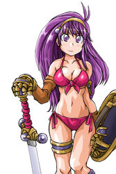  ahoge armor athena_(series) bad_id bad_pixiv_id bikini bikini_armor breasts elbow_gloves female gloves large_breasts long_hair okuri_ookami princess_athena purple_eyes purple_hair red_bikini shield simple_background smile snk solo swimsuit sword thigh_strap weapon 