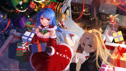  4girls ^_^ azur_lane bare_shoulders blonde_hair blue_hair blurry breasts christmas_tree cleveland_(azur_lane) closed_eyes commentary dress eldridge_(azur_lane) eldridge_(holy_night&#039;s_embrace)_(azur_lane) from_above fur_trim gift gloves gridley_(azur_lane) gridley_(christmas_photoshoot)_(azur_lane) helena_(azur_lane) illustrious_(azur_lane) looking_at_viewer looking_up medium_breasts multiple_girls official_alternate_costume official_art one_side_up photoshop_(medium) purple_eyes red_dress red_eyes red_gloves red_ribbon ribbon shaded_face shadow sidelocks sitting snowing swd3e2 white_gloves 