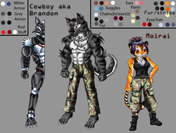  2010 abs anthro armor barefoot biceps black_body black_fur black_hair boots bottomwear brandon_(disambiguation) breasts camo canid canine canis chains cleavage clothed clothing duo eyewear feet felid female footwear fur goggles grey_background grey_body grey_fur hair hand_on_hip jewelry male mammal military_uniform model_sheet moirai multicolored_hair muscular necklace nipples orange_body orange_fur pantherine pants pecs red_hair shirt simple_background stripes tank_top tiger tigerlilylucky topless topwear two_tone_hair uniform white_body white_fur wolf 