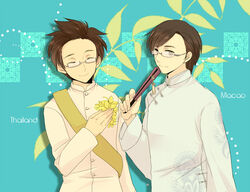  2boys axis_powers_hetalia brown_hair character_name closed_eyes commentary_request flower glasses grey_eyes hand_fan macau_(hetalia) male_focus multiple_boys smile thailand_(hetalia) uya 