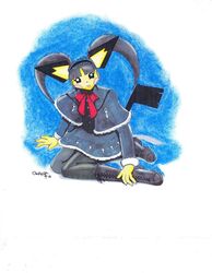  _at_viewer artist_ black_dress black_eyes boots dress furry ghstkatt gothic_lolita head_dress lolita_fashion looking_up pantyhose pichu pokemon sitting_down_ young 