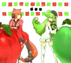  2girls apple commentary_request creamyya dress food fruit green_theme highres long_hair macne_nana macne_series multiple_girls nekomura_iroha red_theme very_long_hair vocaloid zettai_ryouiki 