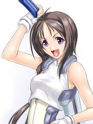  :d ^jj^ arm_up bare_shoulders brown_hair female fingerless_gloves gloves highres kyoukaisenjou_no_horizon long_hair open_mouth oriotorai_makiko purple_eyes smile solo sword weapon white_background 