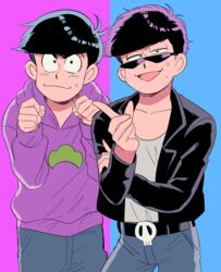  2boys bad_id bad_twitter_id black_hair brothers cosplay costume_switch denim hood hoodie jacket jeans leather leather_jacket male_focus matsuno_ichimatsu matsuno_ichimatsu_(cosplay) matsuno_karamatsu matsuno_karamatsu_(cosplay) multiple_boys oniyama831 osomatsu-kun osomatsu-san osomatsu_(series) pants paw_pose siblings simple_background sweat track_pants two-tone_background 