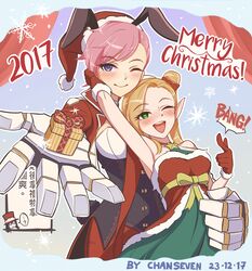  2017 3girls alternate_costume ambitious_elf_jinx armpits arms_up blush caitlyn_(league_of_legends) chan_qi_(fireworkhouse) chinese_text christmas commentary dress english_commentary english_text gift heart heart-shaped_pupils jinx_(league_of_legends) league_of_legends looking_at_viewer multiple_girls one_eye_closed smile speech_bubble symbol-shaped_pupils translation_request vi_(league_of_legends) yuri 