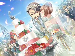  6+boys blue_sky cake cloud cream day dress female food game_cg kanakubo_homare kazuaki kinose_azusa miyaji_ryunosuke multiple_boys nanami_kanata petals photoshop_(medium) see-through shiranui_kazuki shirogane_ooshirou sky starry_sky_(game) tomoe_you touzuki_suzuya veil wedding wedding_dress white_dress yahisa_tsukiko 