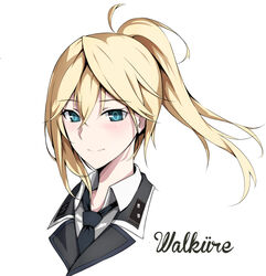  beatrice_waltrud_von_kircheisen blonde_hair blue_eyes blush character_name chinese_commentary closed_mouth collared_shirt commentary_request cropped_shoulders dies_irae female german_text hair_between_eyes highres jacket laserflip long_hair looking_at_viewer photoshop_(medium) ponytail shinza_bansho_series shirt smile solo ss_insignia upper_body white_shirt wing_collar 