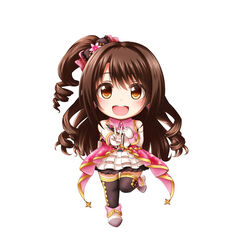  :d brown_eyes brown_hair chibi commentary_request female highres idolmaster idolmaster_cinderella_girls kuena long_hair one_side_up open_mouth shimamura_uzuki smile solo stage_of_magic_(idolmaster) standing standing_on_one_leg thighhighs v 