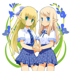  2girls b.tarou bad_id bad_pixiv_id blonde_hair blue_eyes commentary_request dress_shirt elf green_eyes hair_ribbon holding_hands light_smile long_hair multiple_girls necktie original photoshop_(medium) pointy_ears ribbon school_uniform shirt skirt 