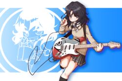  amagami animal_print black_hair black_socks blazer broom broom_guitar cable chibi_layer commentary_request dial effects_pedal electric_guitar female fender_stratocaster fish_print grey_eyes grin guitar guriko_(mossari) headphones instrument jacket kibito_high_school_uniform leg_up legs long_hair messy_hair open_collar plectrum school_uniform skirt smile socks solo strap sweater tanamachi_kaoru unconventional_guitar 