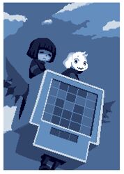  1boy androgynous asriel_dreemurr blue_theme closed_eyes commentary doukutsu_monogatari english_commentary expressionless frisk_(undertale) furry furry_male looking_at_viewer mettaton mettaton_(box) monochrome multiple_monochrome night_(nightmargin) parody pixel_art robot smile spoilers style_parody undertale wings 