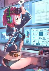  adjusting_goggles ahoge alternate_costume ass bad_id bad_pixiv_id breasts can commentary_request computer computer_keyboard computer_tower drawing_tablet enj! fate/grand_order fate_(series) female goggles google_chrome granblue_fantasy headphones highres hood hood_down hooded_track_jacket jacket mash_kyrielight medium_breasts monitor original osu! panties photoshop_(medium) pink_hair short_hair sitting skype solo spoken_squiggle squiggle stylus sweatdrop track_jacket underwear vial yellow_eyes 