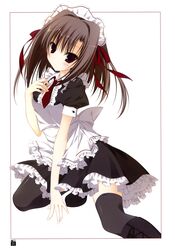  absurdres alternate_costume black_thighhighs boots brown_hair ebiten_(manga) enmaided female highres inugami_kira maid maid_headdress official_art purple_eyes solo thighhighs todayama_izumiko 