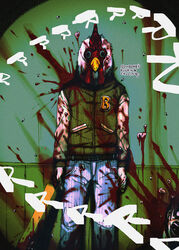  2boys bad_id bad_pixiv_id baseball_bat blood blood_on_clothes blue_eyes brain bug corpse death english_text fly graffiti guro highres hotline_miami jacket_(hotline_miami) maggot male_focus mask multiple_boys murder open_mouth photoshop_(medium) profanity richard_(hotline_miami) tzndr 