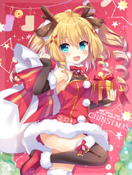  2017 :d ahoge ameto_yuki animal_ears ankle_boots antlers artist_name azur_lane black_gloves black_thighhighs blue_eyes blush boots box christmas christmas_stocking commentary_request deer_ears dress elbow_gloves female fingerless_gloves fur-trimmed_boots fur-trimmed_dress fur-trimmed_gloves fur-trimmed_legwear fur_collar fur_trim gift gift_box gloves gridley_(azur_lane) gridley_(christmas_photoshoot)_(azur_lane) hair_between_eyes hair_ornament holding holding_sack horns long_hair looking_at_viewer looking_to_the_side official_alternate_costume open_mouth red_dress red_footwear reindeer_antlers ringlets sack santa_costume smile solo standing standing_on_one_leg star_(symbol) thighhighs x_hair_ornament 