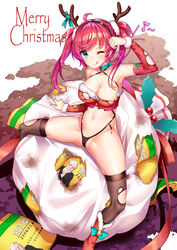  ;q antlers azur_lane black_thighhighs blue_eyes breasts cameltoe christmas cleavage closed_mouth commentary criss-cross_halter detached_sleeves female fur_trim hairband halterneck hand_up highleg highres horns jinkela medium_breasts merry_christmas navel no_pants official_alternate_costume one_eye_closed photoshop_(medium) red_hair sack san_diego_(azur_lane) san_diego_(sandy_claus)_(azur_lane) santa_costume sidelocks silveroid sitting skirt solo spread_legs swept_bangs swimsuit tehepero thighhighs thighs tongue tongue_out torn_clothes torn_thighhighs twintails 