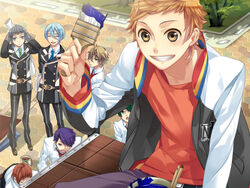  6+boys :d brown_hair game_cg green_eyes grin haruki_naoshi jacket kanakubo_homare kazuaki kinose_azusa long_sleeves miyaji_ryunosuke multiple_boys open_clothes open_jacket open_mouth outdoors path photoshop_(medium) road shirt smile starry_sky_(game) t-shirt teeth 