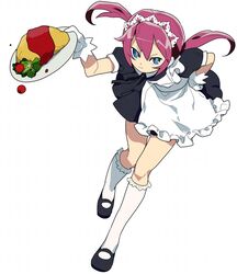  1boy apron black_dress black_footwear blue_eyes closed_mouth commentary_request crossdressing dress food frilled_apron frilled_socks frills frown full_body gloves hand_on_own_hip headdress hidakarumen holding inazuma_eleven_(series) inazuma_eleven_go kirino_ranmaru kneehighs leaning_forward long_hair looking_at_viewer maid maid_headdress male_focus male_maid mary_janes otoko_no_ko pink_hair plate puffy_short_sleeves puffy_sleeves serious shoes short_sleeves simple_background socks solo twintails white_apron white_background white_gloves white_legwear 