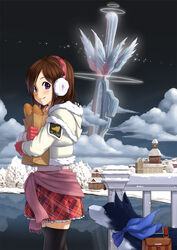  brown_hair canine commentary_request earmuffs female french_text gloves jacket original photoshop_(medium) purple_eyes scarf short_hair skirt sky smile snow sword thighhighs waha_(artist) weapon winter 