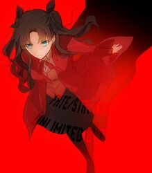  bad_id bad_pixiv_id blue_eyes brown_hair coat fate/stay_night fate_(series) female hair_ribbon jacket long_hair pantyhose rata_to red_jacket ribbon solo tohsaka_rin two_side_up 