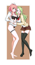  2girls :q bare_legs barefoot bikini bikini_under_clothes black_bikini black_legwear blue_eyes blush breasts brown_background brown_skirt buttons chinese_commentary cleavage commentary_request front-tie_bikini_top front-tie_top full_body green_eyes green_hair hair_over_shoulder hairband headgear highres holding_hands hood hoodie hug jiaoshouwen knees_together_feet_apart large_breasts legs_together long_hair looking_at_viewer mikuma_(warship_girls_r) miniskirt multiple_girls one_eye_closed open_clothes open_hoodie open_mouth outside_border pink_hair pleated_skirt pocket ponytail sailor_collar school_uniform shirt skindentation skirt smile standing suzuya_(warship_girls_r) swept_bangs swimsuit teeth thigh_strap thighhighs toes tongue tongue_out warship_girls_r white_shirt yellow_hoodie yuri zettai_ryouiki 