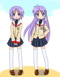  2girls blue_eyes blush clannad commentary_request company_connection cosplay fujibayashi_kyou fujibayashi_kyou_(cosplay) fujibayashi_ryou fujibayashi_ryou_(cosplay) full_body hiiragi_kagami hiiragi_tsukasa hikarizaka_private_high_school_uniform kyoto_animation long_hair look-alike lucky_star multiple_girls open_mouth purple_hair school_uniform short_hair siblings sisters smile thighhighs trait_connection twins type-pro white_legwear zettai_ryouiki 