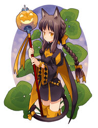  animal_ears b.tarou black_hair bracelet braid cat_ears cat_tail commentary_request female hair_ribbon halloween jack-o&#039;-lantern jewelry leaf orange_eyes original photoshop_(medium) pumpkin ribbon solo staff tail thighhighs zettai_ryouiki 