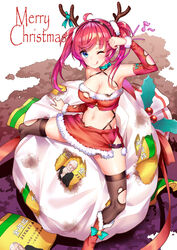  ;q antlers azur_lane blue_eyes breasts christmas cleavage closed_mouth commentary criss-cross_halter detached_sleeves english_commentary female fur_trim hairband halterneck hand_up highleg highres horns jinkela medium_breasts merry_christmas official_alternate_costume one_eye_closed photoshop_(medium) red_hair sack san_diego_(azur_lane) san_diego_(sandy_claus)_(azur_lane) santa_costume sidelocks silveroid sitting skirt solo spread_legs swept_bangs tehepero thighhighs thighs tongue tongue_out torn_clothes torn_skirt torn_thighhighs twintails 