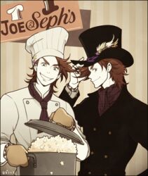  2boys black_border border brown_hair chef chef_hat coat commentary_request dual_persona food green_eyes grin hat hat_tip jojo_no_kimyou_na_bouken joseph_joestar joseph_joestar_(young) lid male_focus mittens multiple_boys popcorn pot scarf sign smile star_(symbol) striped striped_background top_hat toque_blanche translation_request yokozawa_(pyu-tohuku) 