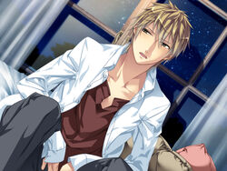  1boy blonde_hair curtains game_cg glass hair_between_eyes kazuaki long_sleeves looking_away looking_to_the_side male_focus miyaji_ryunosuke night night_sky open_clothes open_mouth open_shirt pants photoshop_(medium) pillow shadow shirt sitting sky solo star_(sky) starry_sky starry_sky_(game) tree unbuttoned white_shirt window yellow_eyes 