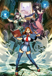  3girls bat_(animal) blue_eyes bonnet book boots breasts brown_hair candle capelet castlevania:_portrait_of_ruin castlevania_(series) charlotte_aulin cleavage commentary commission dress elbow_gloves english_commentary floating genzoman gloves green_eyes heterochromia indoors juliet_sleeves large_breasts long_hair long_sleeves looking_at_viewer loretta_lecarde magic miniskirt multiple_girls open_mouth pale_skin photoshop_(medium) puffy_sleeves purple_hair red_eyes shadow skirt standing stella_lecarde thighhighs tight_clothes 