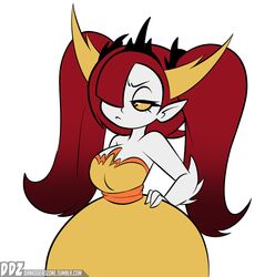  2017 alternate_hairstyle arm_spikes breasts clothed clothing crown dankodeadzone demon demon_humanoid digital_media_(artwork) disney dress elbow_spikes eyelashes fangs female frown grumpy hair hair_over_eye half-closed_eyes hand_on_hip headgear hekapoo hi_res horn horned_humanoid humanoid humanoid_pointy_ears long_hair narrowed_eyes not_furry one_eye_obstructed orange_pupils pale_skin pupils red_hair short_stack simple_background solo spikes spikes_(anatomy) star_vs._the_forces_of_evil teeth text tiara twintails url white_background white_body white_skin yellow_eyes 