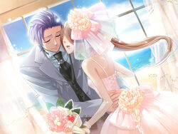  1boy amaha_tsubasa black_necktie bouquet brown_hair dress female flower formal game_cg good_end indoors kazuaki necktie photoshop_(medium) ponytail see-through short_hair smile starry_sky_(game) suit veil wedding wedding_dress white_dress window yahisa_tsukiko 