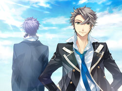  2boys amaha_tsubasa black_hair game_cg kazuaki long_sleeves looking_at_viewer male_focus multiple_boys necktie photoshop_(medium) purple_hair shiranui_kazuki shirt smirk starry_sky_(game) upper_body white_shirt 