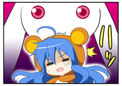  =_= ^^^ ahoge animal_costume bad_id bad_pixiv_id bear_costume blue_hair border crossover female izumi_konata katou_emiri kyuubee long_hair lucky_star mahou_shoujo_madoka_magica mahou_shoujo_madoka_magica_(anime) misooden mole mole_under_eye pale_eye rilakkuma san-x solo_focus voice_actor_connection 