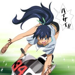  a1_(initial-g) ankle_lace-up antenna_hair black_hair black_shorts blue_eyes breasts cross-laced_footwear downblouse female ganaha_hibiki idolmaster idolmaster_(classic) jewelry long_hair medium_breasts motion_blur motor_vehicle motorcycle necklace open_mouth photoshop_(medium) ponytail pun riding sandals shorts solo sweat translation_request 