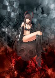  black_gold_saw black_rock_shooter boots breasts brown_hair chains cleavage commentary_request detached_sleeves female front-tie_top highres horns king_saw large_breasts long_hair misoshiru_(kurisi) photoshop_(medium) red_eyes short_shorts shorts sitting skull solo sword very_long_hair weapon 