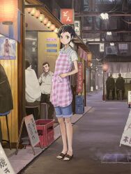  alley apron bad_id bad_pixiv_id banner black_hair brown_eyes brown_hair cable denim domo1220 female fluorescent_lamp food_stand grate hair_ornament hairclip hands_in_pockets jeans lantern looking_at_viewer market_stall night nobori original pants pants_rolled_up paper_lantern road sandals scenery sewer_grate short_hair short_sleeves standing street vanishing_point 