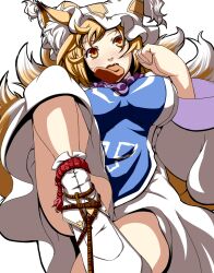  aburaage animal_ears blonde_hair breasts brown_eyes commentary_request dearmybrothers female food fox_ears fox_tail hat highres large_breasts looking_at_viewer mouth_hold rope shoes short_hair simple_background solo tail touhou yakumo_ran 